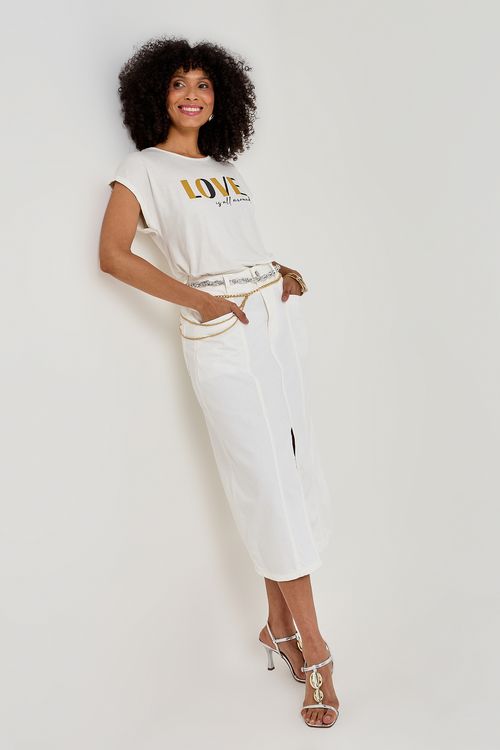 Saia Midi Feminina Off White com Fenda Frontal