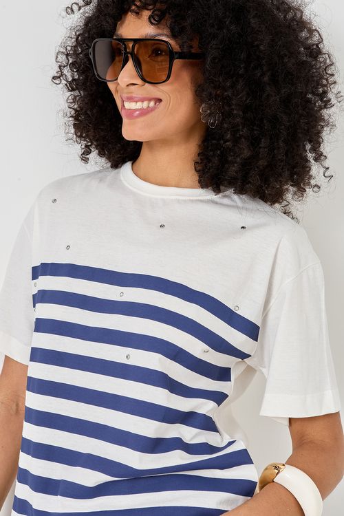 Blusa Feminina Azul e Off White Listrada com Strass