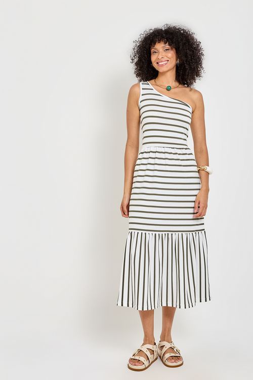 Vestido Midi Feminino Branco Verde Listrado Ombro Único
