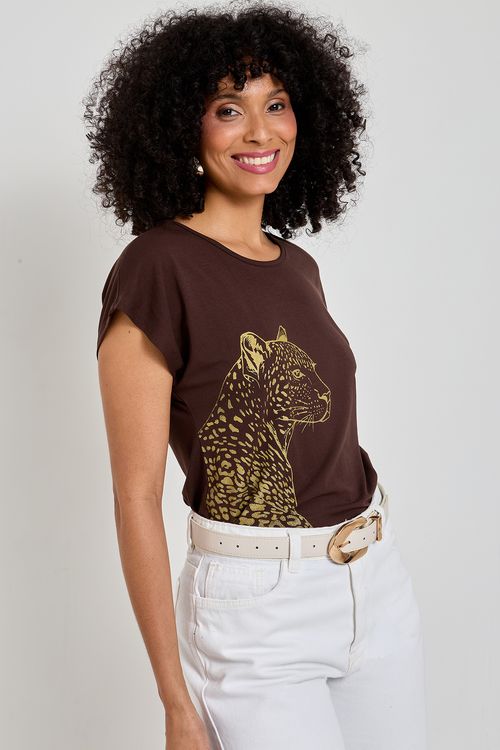 Blusa Feminina Marrom Escuro Estampa Leopardo Dourado