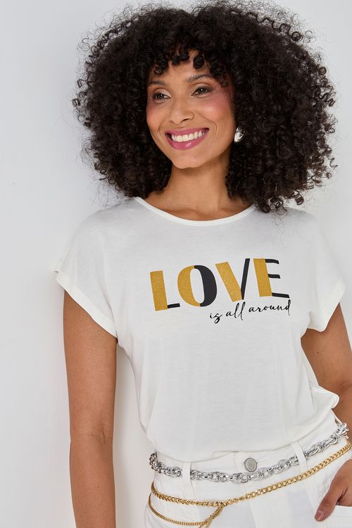 Blusa Feminina Off White Estampa Love Is All Around Dourada