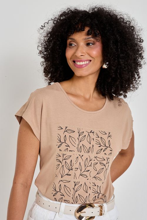 Blusa Viscose Feminina Bege Estampa Folhas