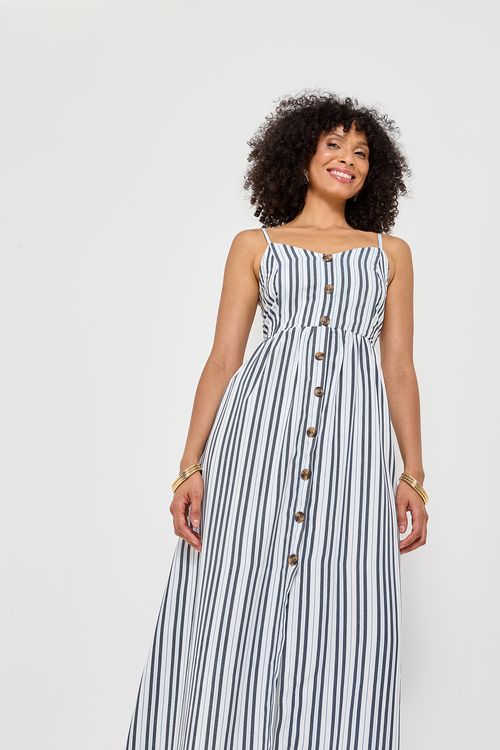 Vestido Longo Feminino Azul e Branco Listrado