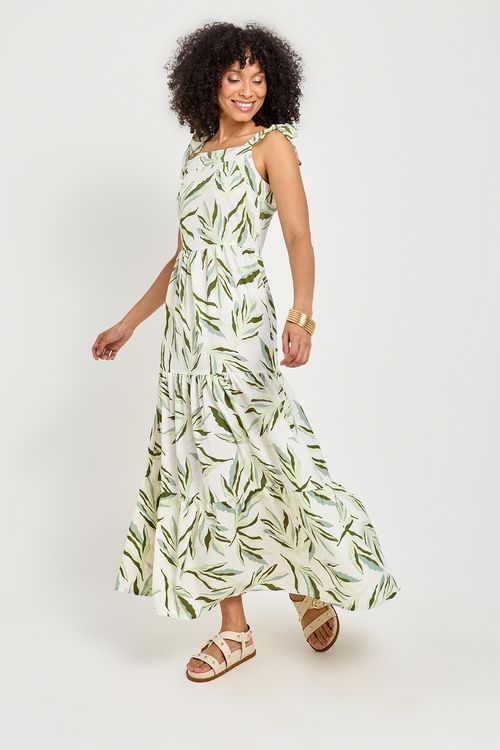 Vestido Maxi Feminino Verde Folhagem Tropical