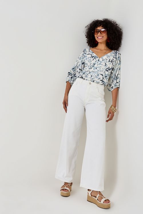 Calça Wide Leg Sarja Feminina Off White