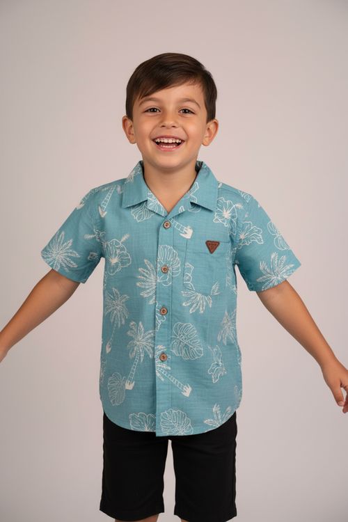 Camisa Infantil Menino Azul-água Estampa Folhas Tropicais