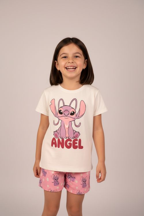 Pijama Infantil Menina Off-white e Rosa Angel Lilo & Stitch