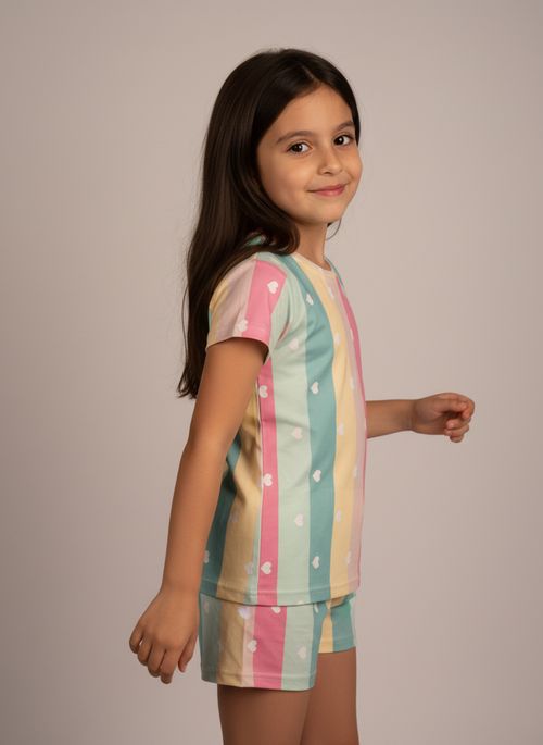 Pijama Curto Infantil Menina Candy Colors Listras Corações