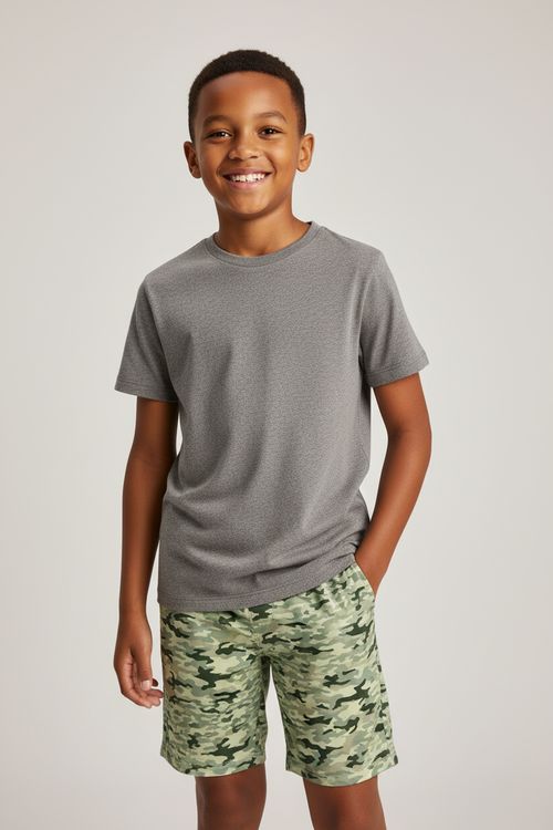 Pijama Curto Infantil Menino Cinza Liso e Camuflado