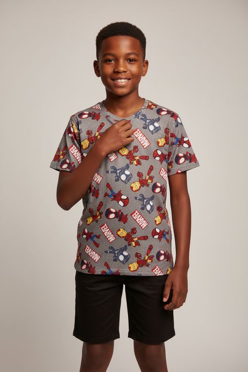 Pijama Curto Infantil Menino Cinza Claro Marvel Heróis