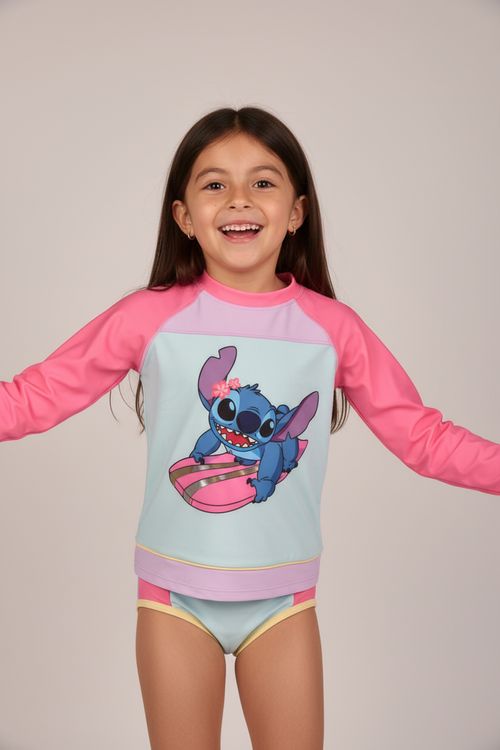 Conjunto Moda Praia Infantil Menina Rosa e Azul Stitch Surfista