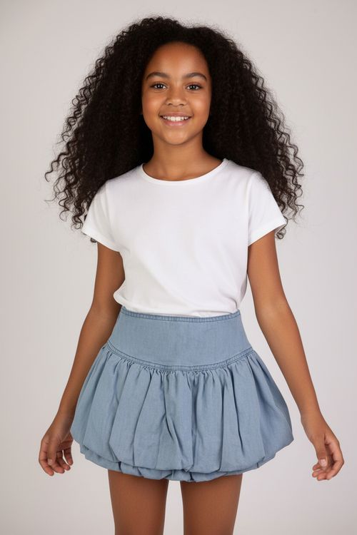 Saia Balonê Jeans Infantil Menina Azul Claro