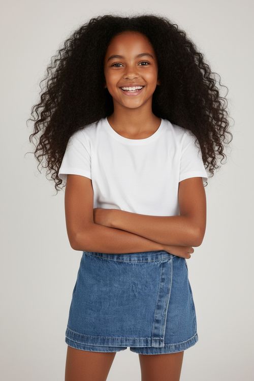 Saia Shorts Jeans Infantil Menina Azul Médio Juvenil Transpassada