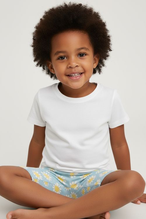 Shorts Ciclista Infantil Menina Azul Claro Floral Margaridas