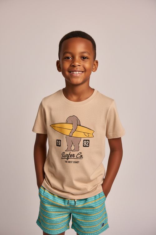 Conjunto Infantil Menino Bege e Azul Urso Surfista