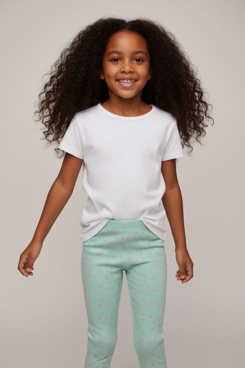 Calça Legging Infantil Menina Verde Menta Estampa Floral Rosa