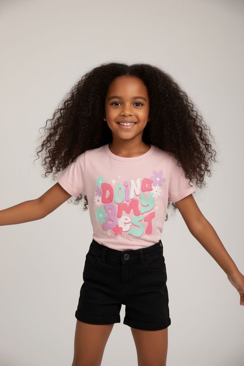 Blusa Infantil Menina Rosa Claro Estampa 'Doing My Best' Flores