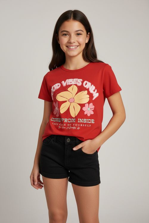 Blusa Infantil Menina Vermelha Good Vibes e Flores