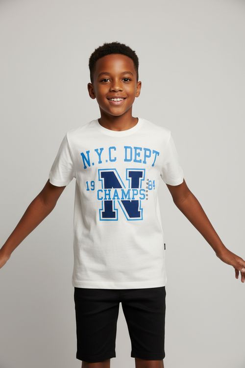 Camiseta Infantil Menino Off White N.Y.C Dept Champs