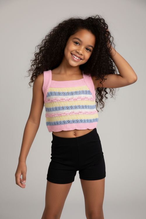 Blusa Regata Cropped Infantil Menina Rosa Listras Candy Colors