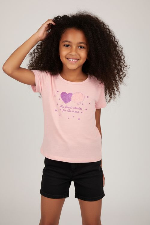 Blusa Infantil Menina Rosa Claro Corações do Oceano Glitter