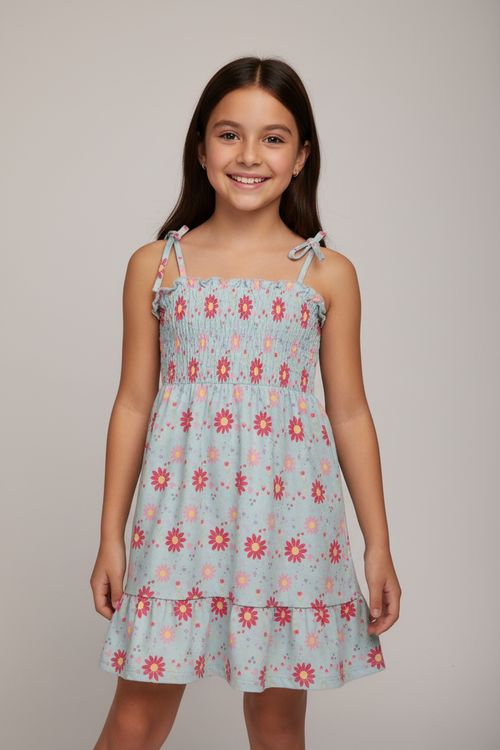 Vestido Infantil Menina Azul Sereno Floral Corações