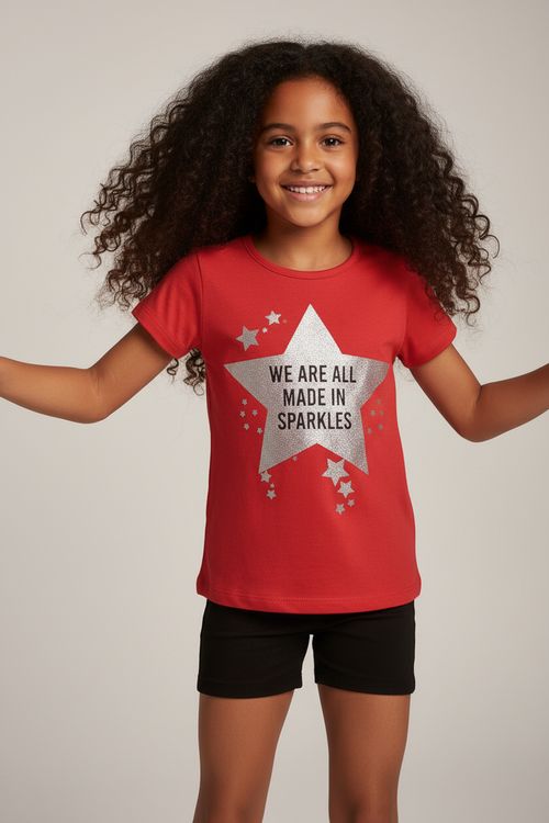 Blusa Infantil Menina Vermelha Estrela Glitter Made in Sparkles