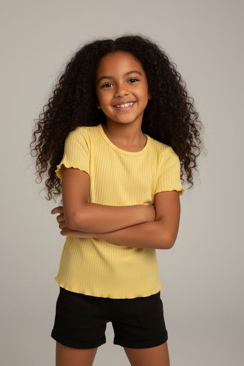 Blusa Infantil Menina Amarela Canelada com Babado