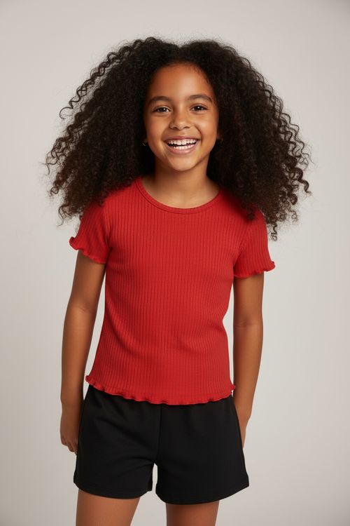 Blusa Infantil Menina Vermelha Canelada com Babado