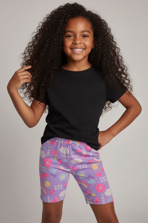 Shorts Ciclista Menina Lilás Estampa Arco-Íris e Jardim