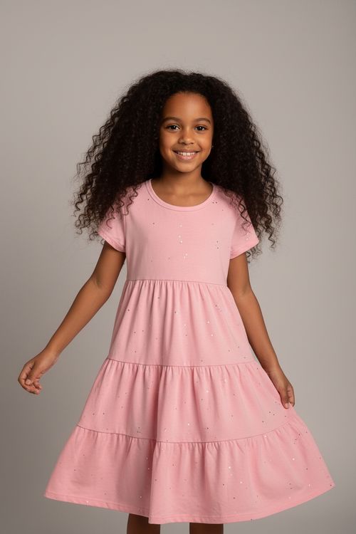 Vestido Infantil Menina Rosa Claro Glitter Camadas