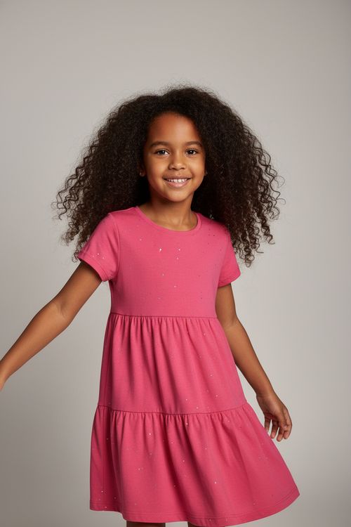 Vestido Infantil Menina Rosa Neon Glitter Babados