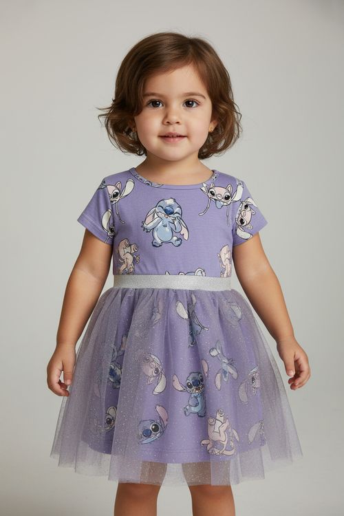 Vestido Infantil Stitch Angel Tule Lilás Brilho Caedu