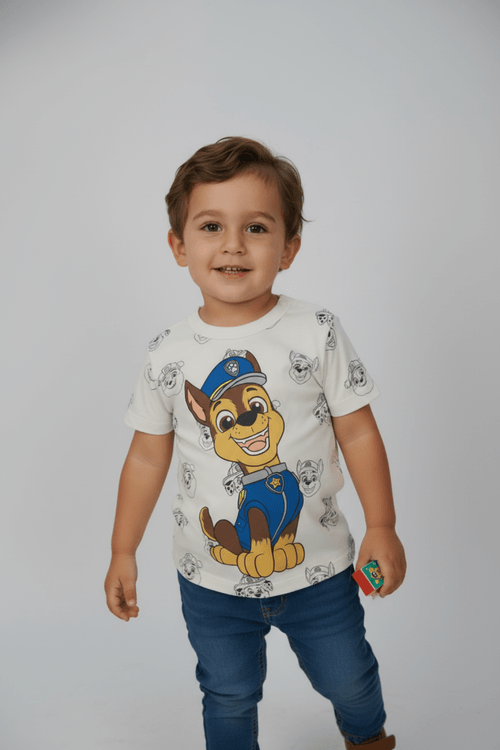 Camiseta Infantil Caedu Patrulha Canina Chase Off White