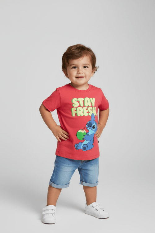Camiseta Infantil Caedu Stitch "Stay Fresh" Vermelha 1-3 anos