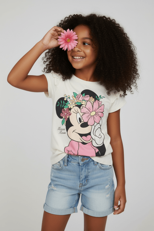 Blusa Infantil Minnie Mouse Floral Paetês Off White (4-10 anos)