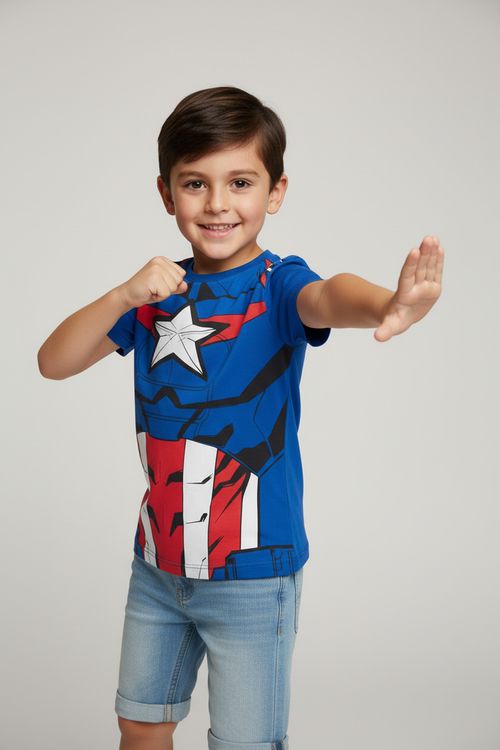 Camiseta Infantil Capitão América Azul Licenciada Caedu