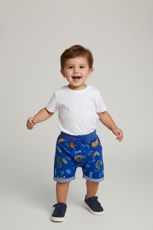 Bermuda Infantil Caedu Moletom Dinossauros Azul Royal 1-3 Anos