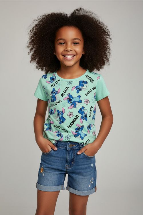 Blusa Infantil Menina Verde Menta Stitch Aloha Vibes