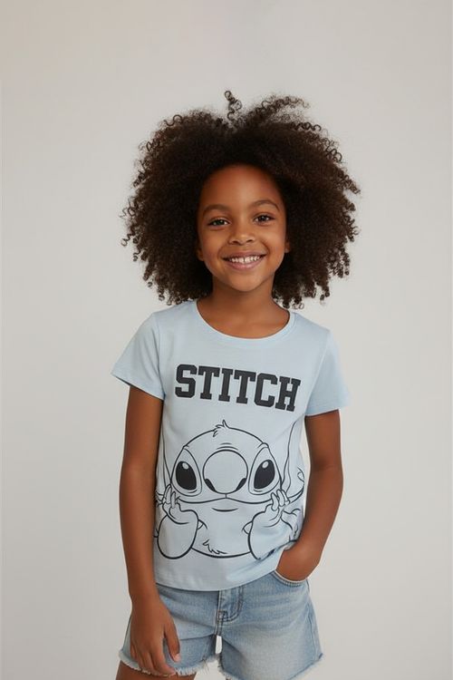 Blusa Infantil Menina Azul Claro Stitch (4-10 Anos)