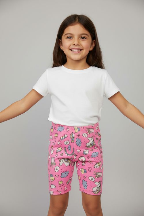 Short Ciclista Infantil Menina Rosa Neon Unicórnios Arco-Íris
