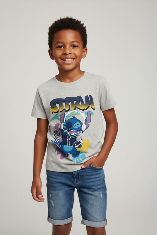 Camiseta Infantil Menino Cinza Mescla 4-10 Anos Stitch Fone