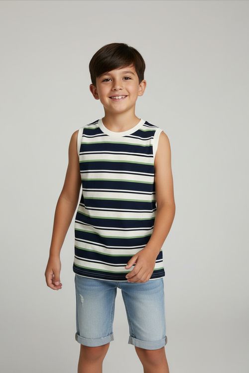 Regata Infantil Azul Marinho, Verde e Off White 10-16 Anos Listrada