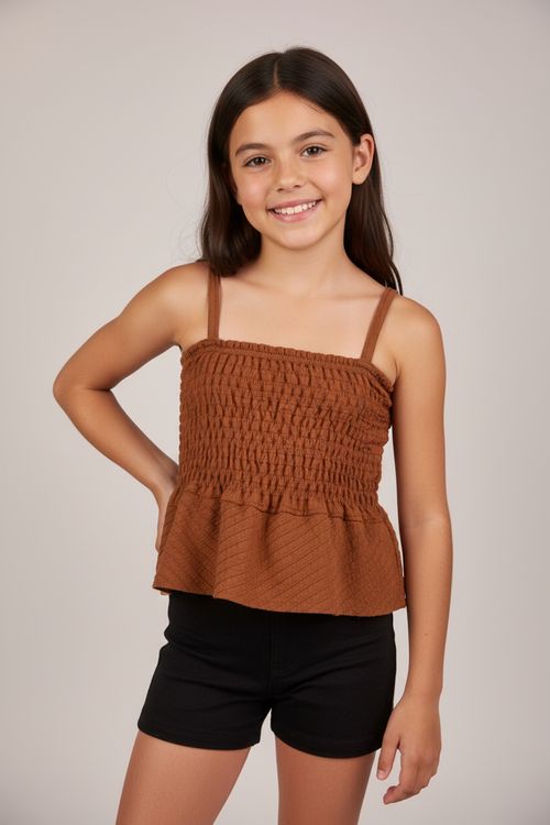 Blusa Cropped Infantil Menina Marrom Claro Lastex Babado 10-16 Anos