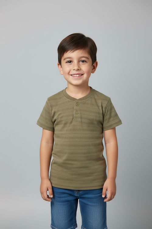 Camiseta Henley Infantil Meninos Verde Militar 4-8 Anos Listrada