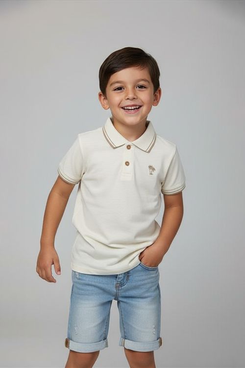 Camiseta Polo Infantil Menino Off White Bordado Palmeira