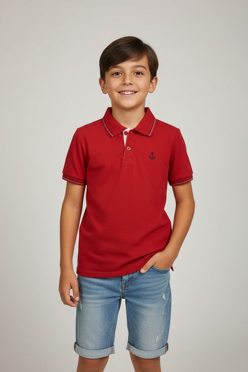 Polo Infantil Menino Vermelho Escuro 10-16 Anos Âncora Bordada