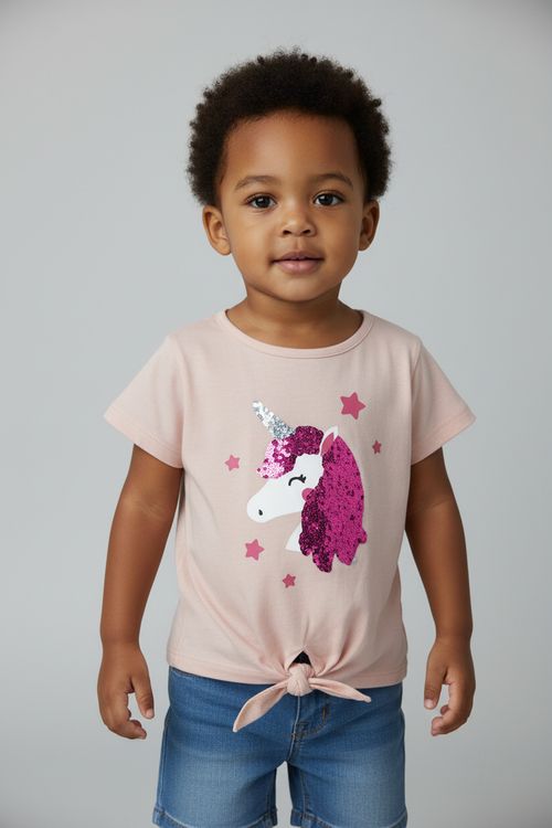 Blusa Infantil Menina Rosa Claro Unicórnio de Paetê