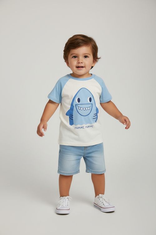 Camiseta Raglan Infantil menino Azul Off White Tubarão