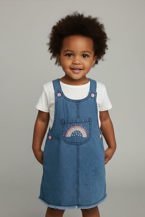 Saia Jardineira Jeans Infantil Menina Azul Arco-Íris Barra Desfiada